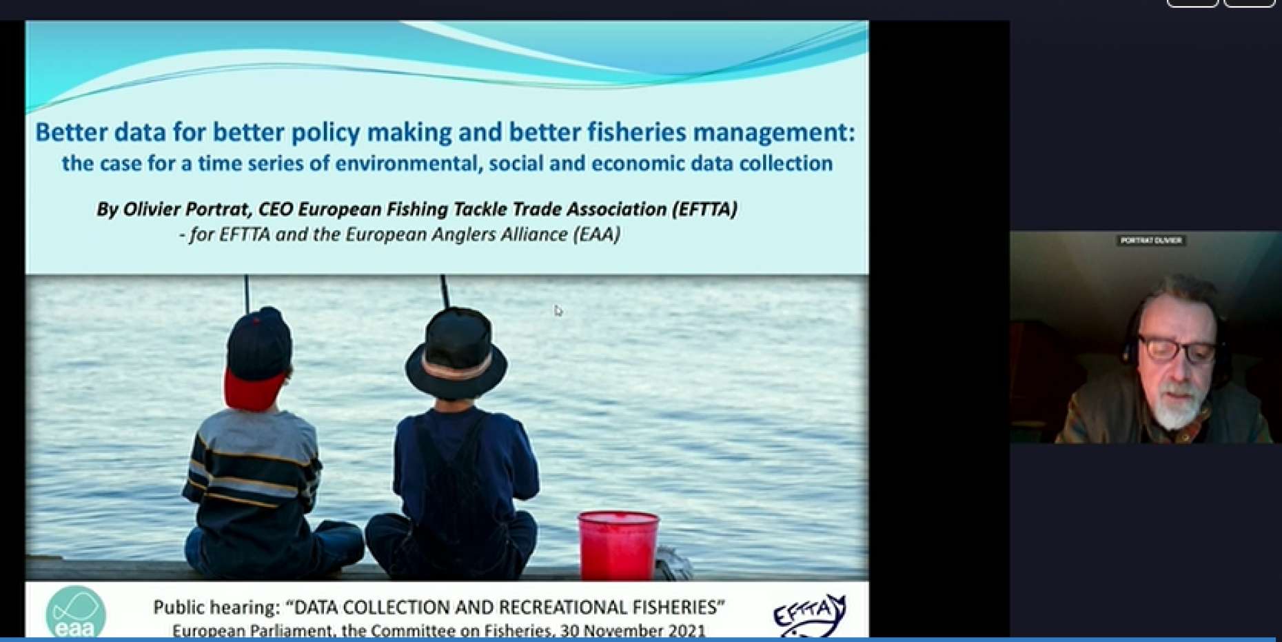 Olivier Portrat, CEO der European Fishing Tackle and Trade Association (EFTTA) hält einen Vortrag im Namen der EAA und EFTTA